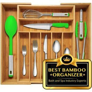 Expandable bamboo silverware drawer organizer utensil tray wood cutlery holder